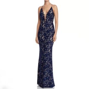 Nordstrom Aidan Mattox Navy Blue Nude Lace Plunge Neck Fit Flare/Maxi Dress